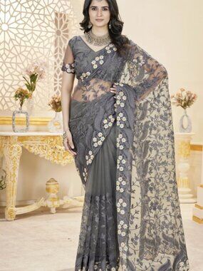 Dark Grey Solid Heavy Butterfly Net Saree Set